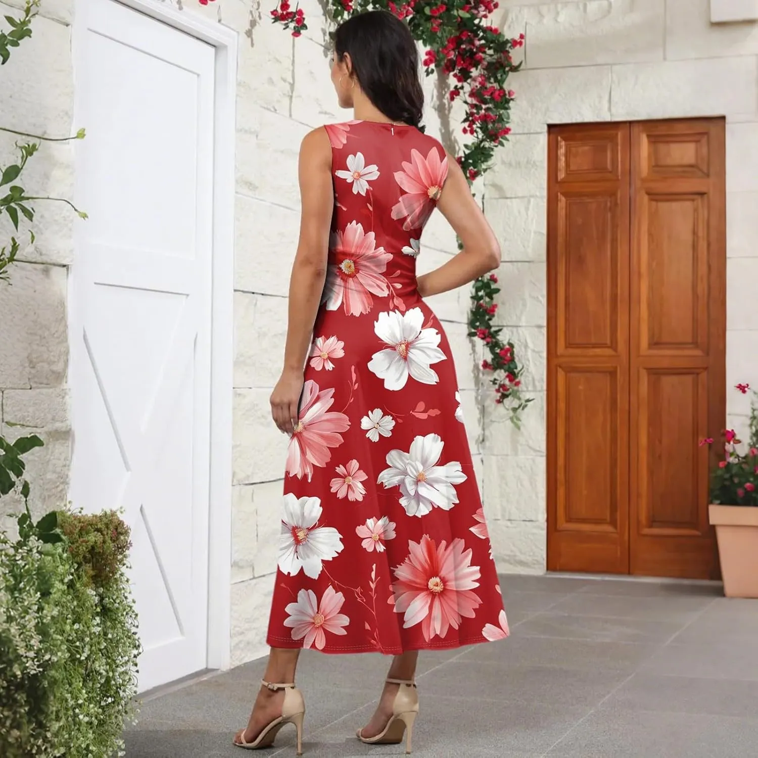 Women's Flowy Dresses Sleeveless V Neck Floral Empire Waist Beach Summer A Line Maxi Sundresses, S-2XL