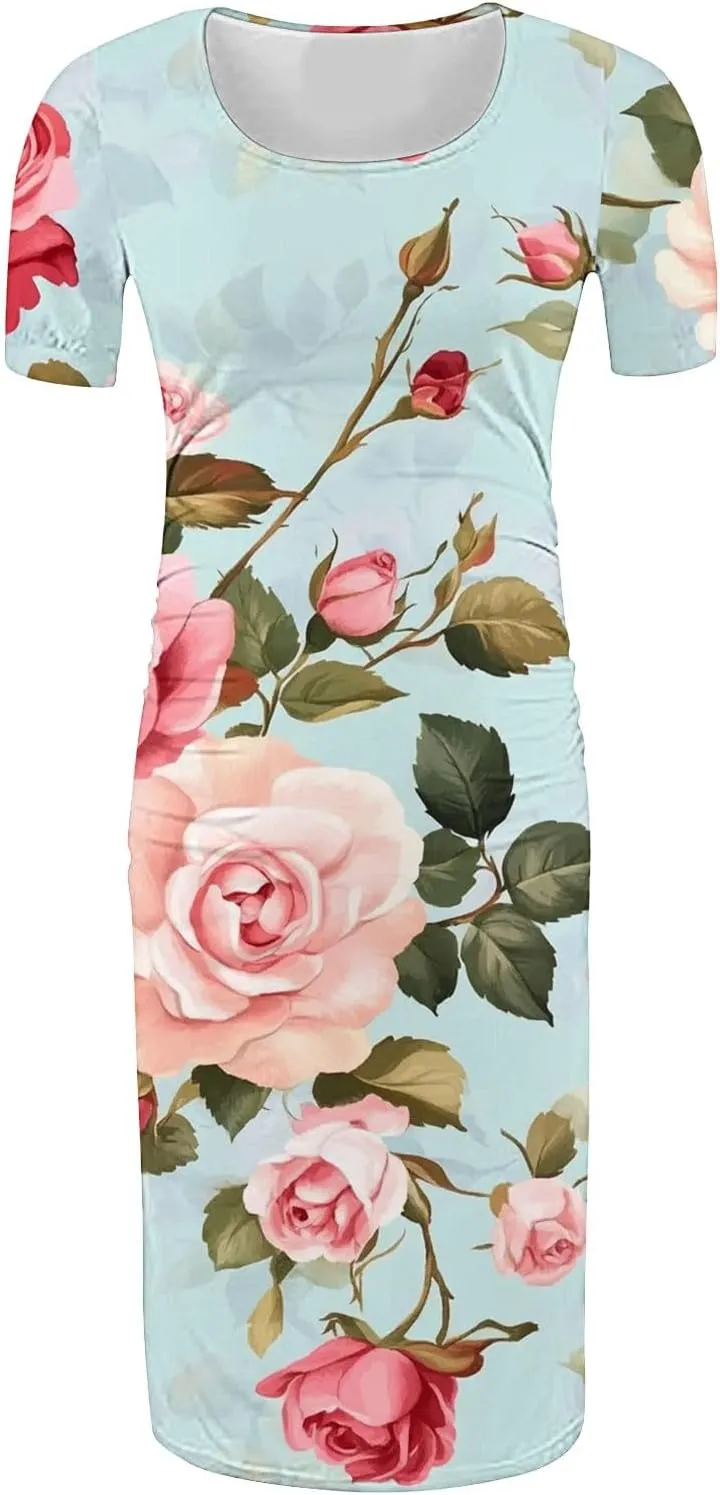 Women's Short Sleeve Maternity Dress Cute Floral Print Summer Casual T-Shirt Dresses Comfy Pregnancy Clothes