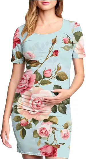 Women's Short Sleeve Maternity Dress Cute Floral Print Summer Casual T-Shirt Dresses Comfy Pregnancy Clothes