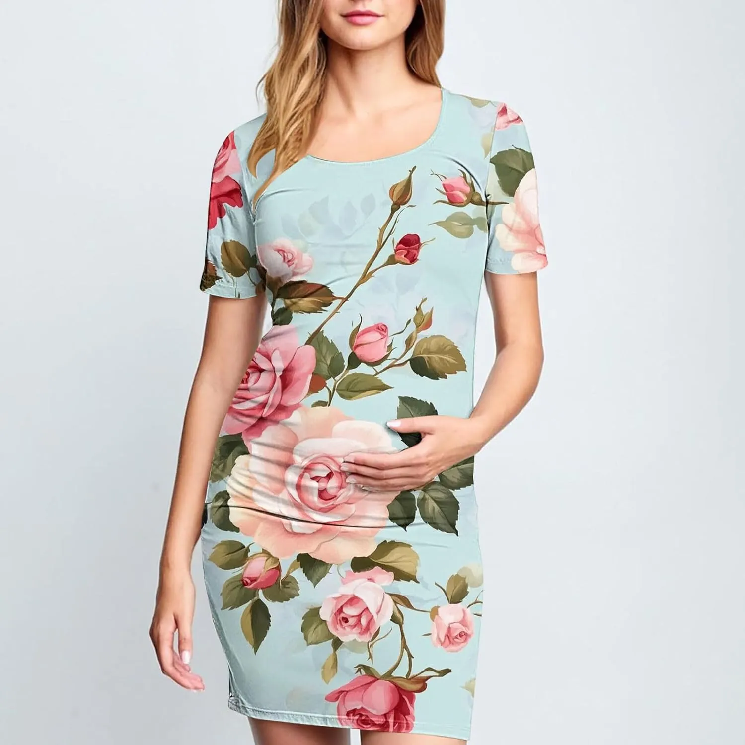 Women's Short Sleeve Maternity Dress Cute Floral Print Summer Casual T-Shirt Dresses Comfy Pregnancy Clothes
