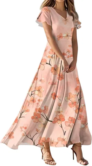 Women's Summer Dress 2025 Short Sleeve V-Neck Boho Floral Printed Flowy Swing Sundress Wedding Guest Dresses