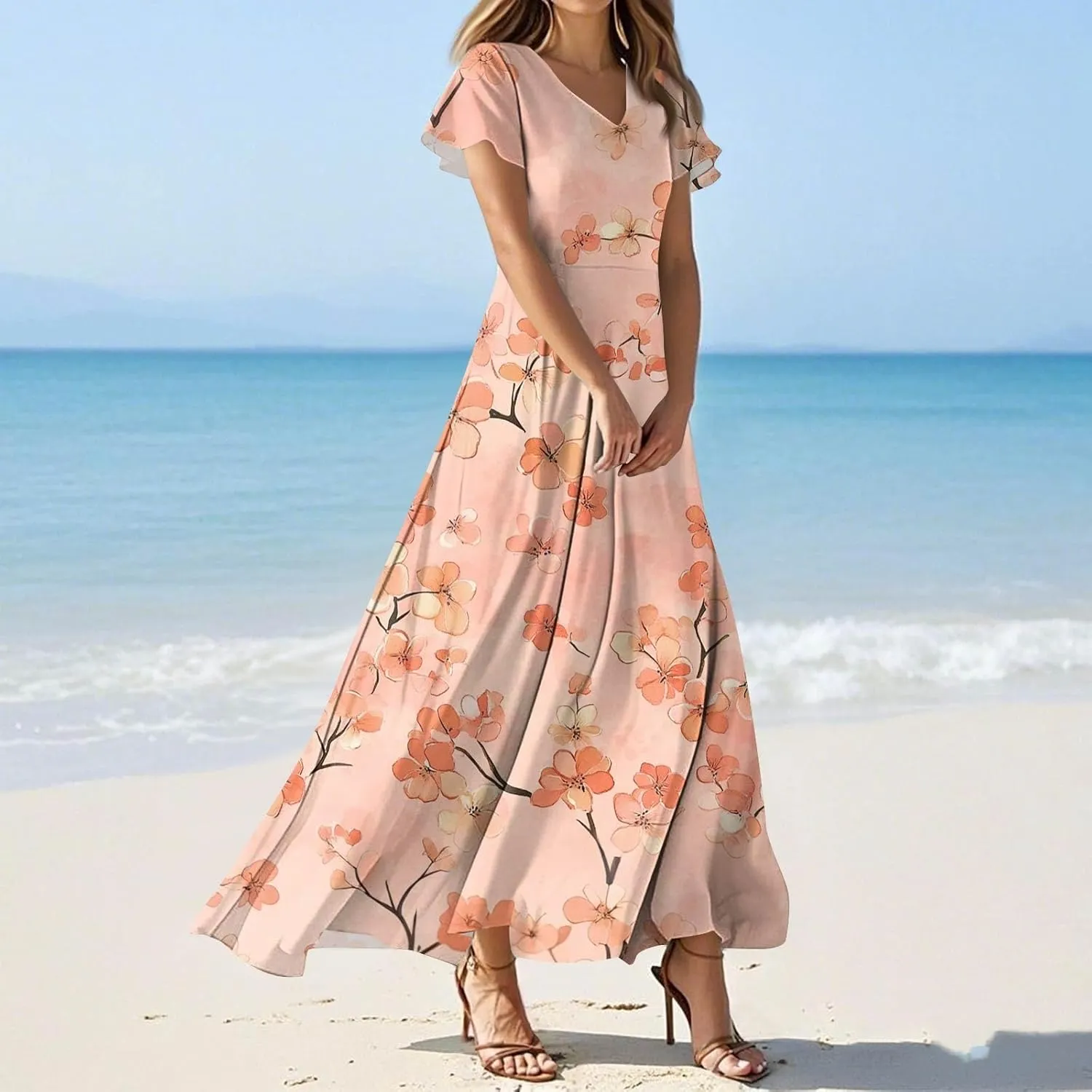 Women's Summer Dress 2025 Short Sleeve V-Neck Boho Floral Printed Flowy Swing Sundress Wedding Guest Dresses
