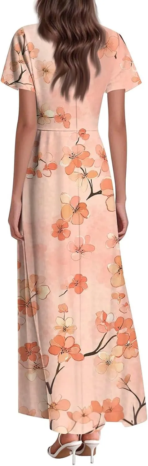 Women's Summer Dress 2025 Short Sleeve V-Neck Boho Floral Printed Flowy Swing Sundress Wedding Guest Dresses