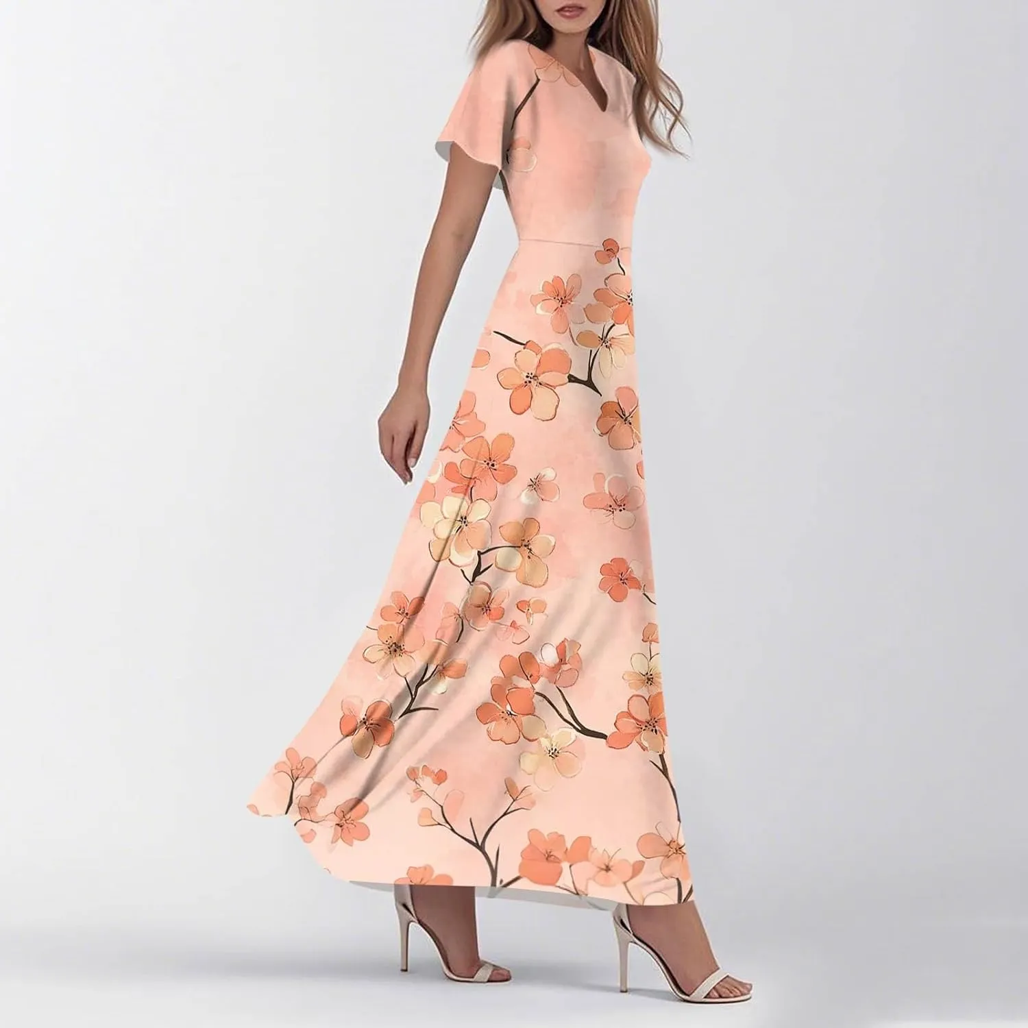 Women's Summer Dress 2025 Short Sleeve V-Neck Boho Floral Printed Flowy Swing Sundress Wedding Guest Dresses