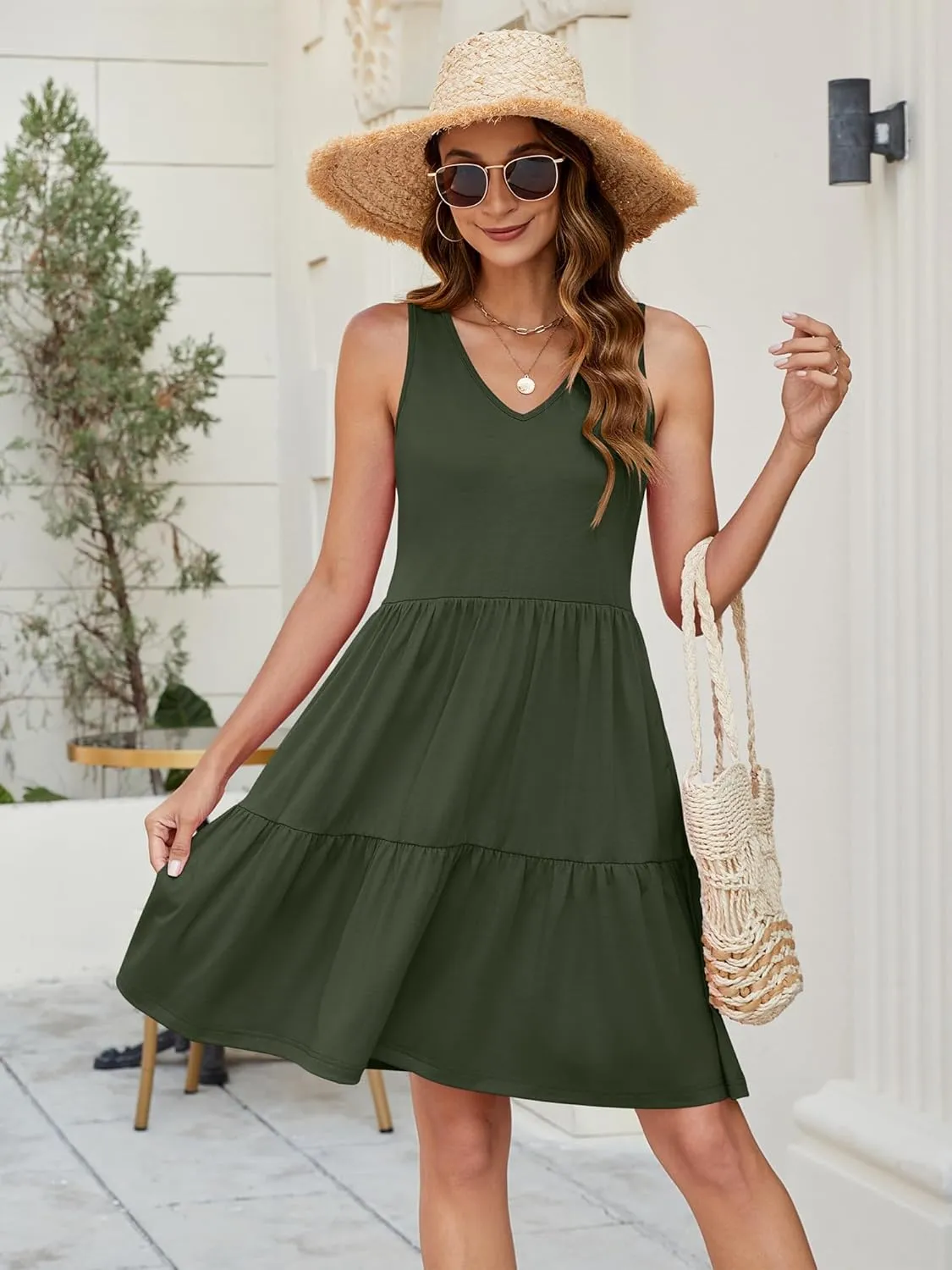 Womens Summer Dresses V Neck Tank Tiered Flowy Mini A Line Casual Sundress with Pockets