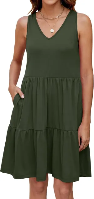 Womens Summer Dresses V Neck Tank Tiered Flowy Mini A Line Casual Sundress with Pockets