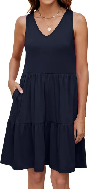 Womens Summer Dresses V Neck Tank Tiered Flowy Mini A Line Casual Sundress with Pockets