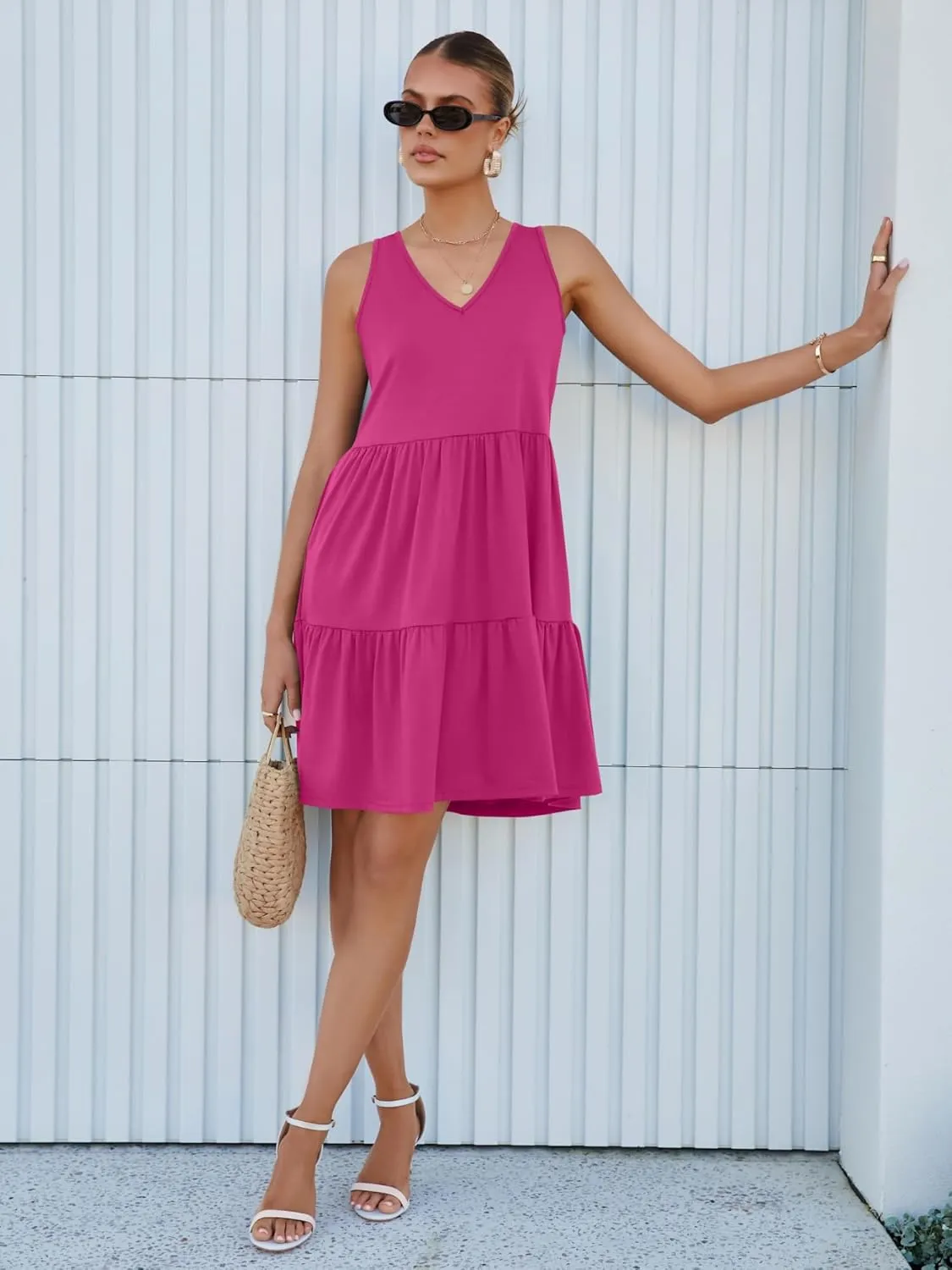 Womens Summer Dresses V Neck Tank Tiered Flowy Mini A Line Casual Sundress with Pockets