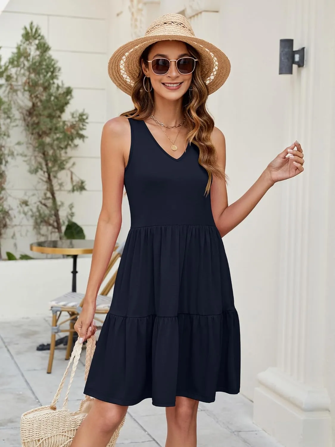 Womens Summer Dresses V Neck Tank Tiered Flowy Mini A Line Casual Sundress with Pockets