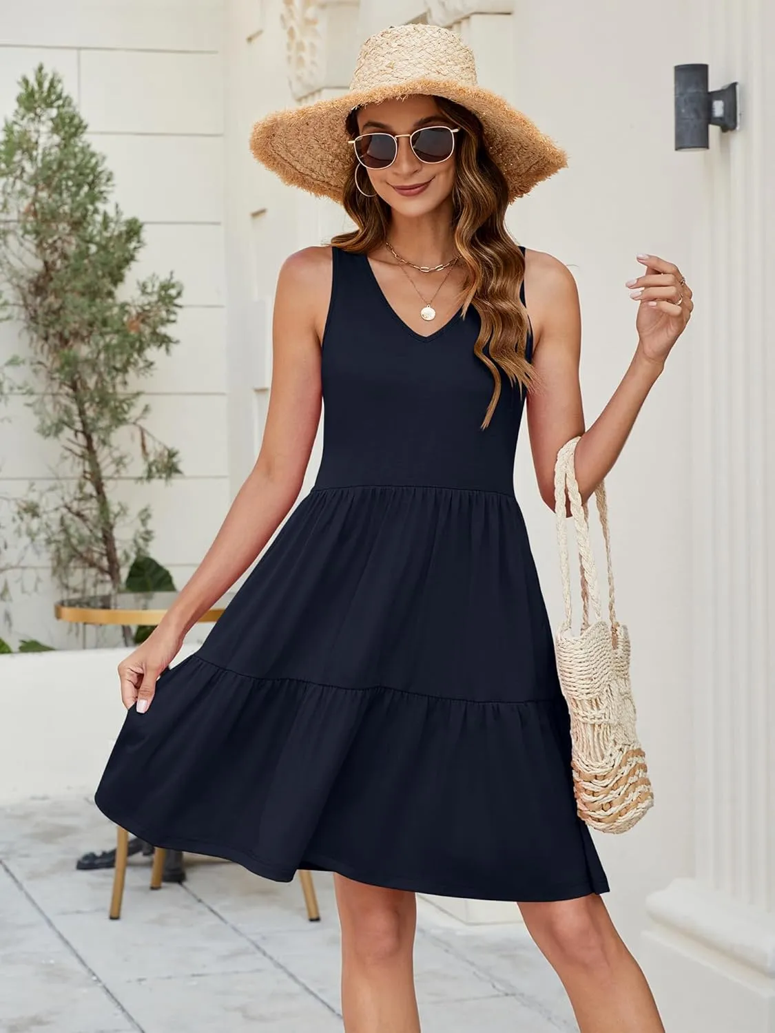 Womens Summer Dresses V Neck Tank Tiered Flowy Mini A Line Casual Sundress with Pockets